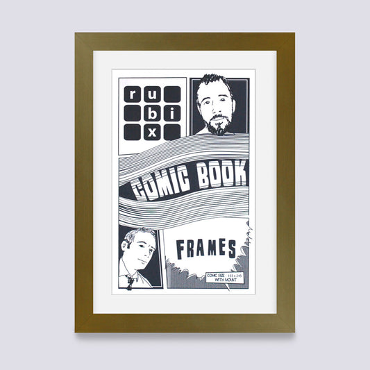 gold comic book frame with white mount handmade in the uk with wood mouldings