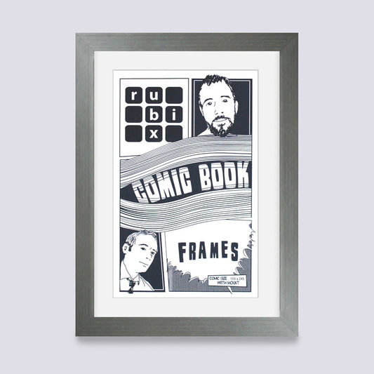 silver comic book frame with white mount handmade in UK with wood mouldings