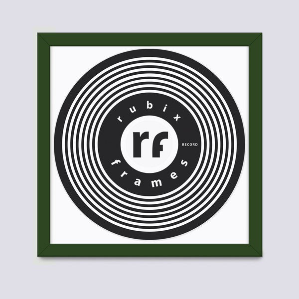 Dark green handmade vinyl record wood frame with white mount
