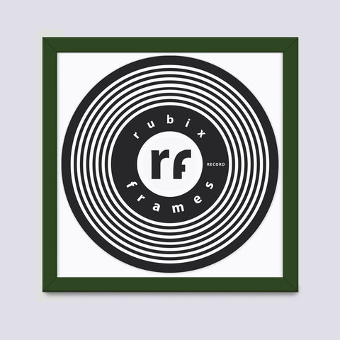 Dark green handmade vinyl record wood frame with white mount