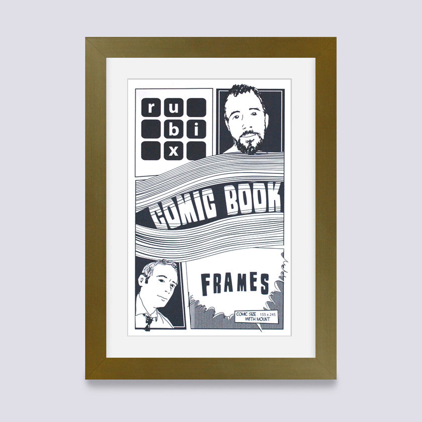 gold comic book frame with white mount handmade in the uk with wood mouldings